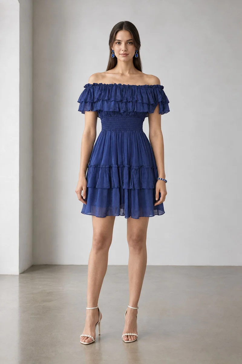 Nixie|Viscose Offshoulder Ruffle Mini Dress