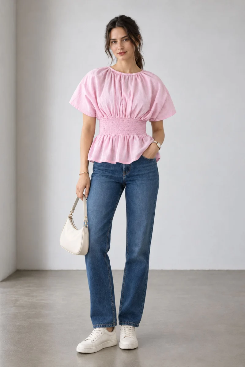 Nayla|Cotton Smocked Waist Peplum Top