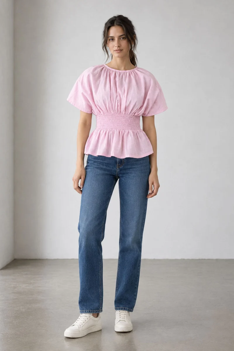 Nayla|Cotton Smocked Waist Peplum Top