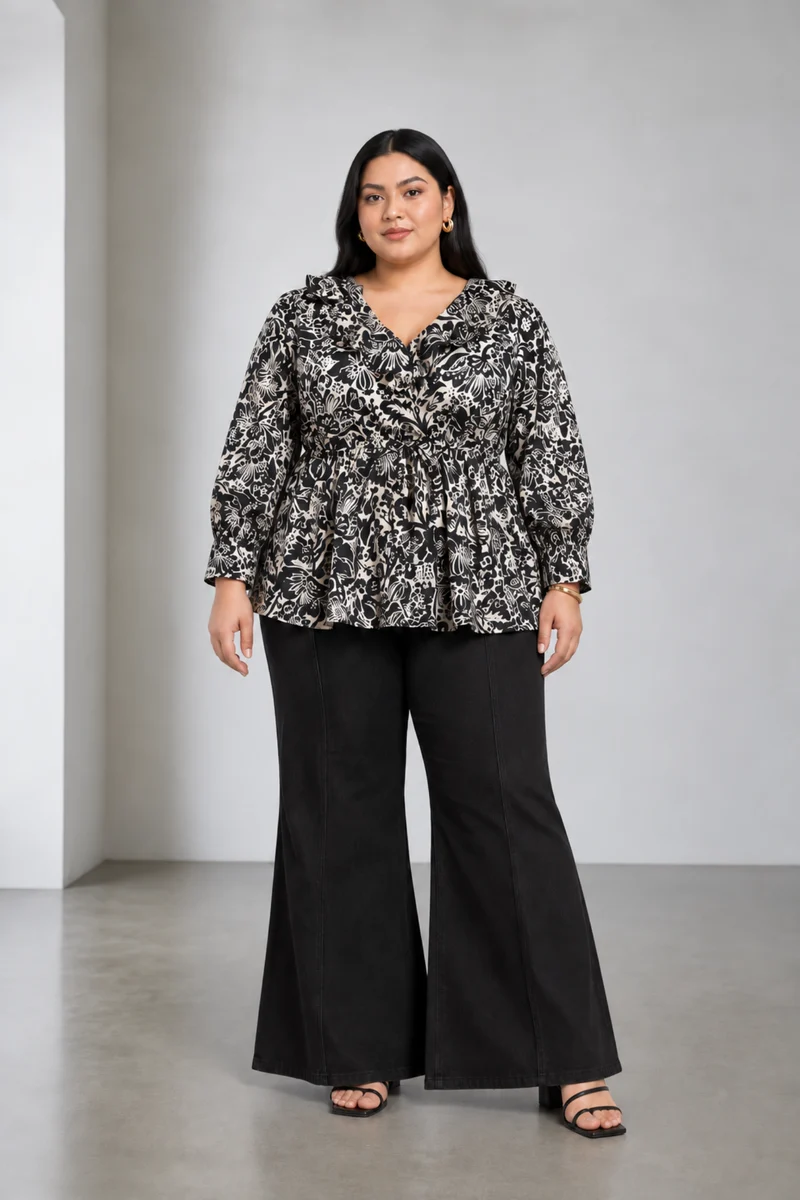 Zareen|Viscose V Neck Ruffle Peplum Top