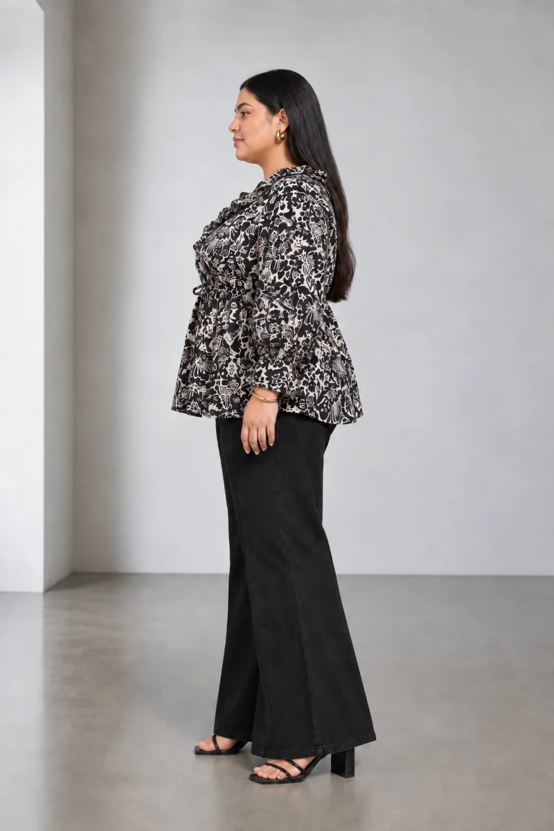 Zareen|Viscose V Neck Ruffle Peplum Top