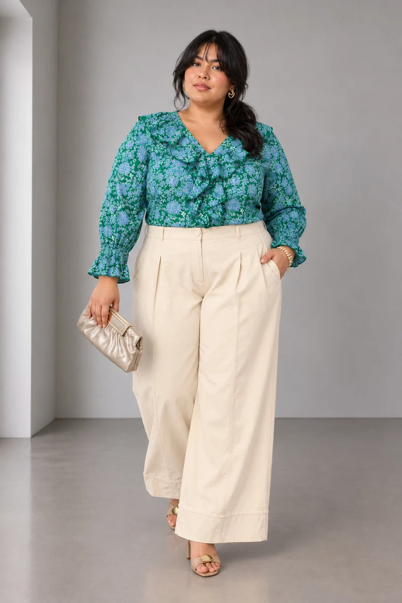 Avelyn|Viscose Ruffled V Neck Shirt