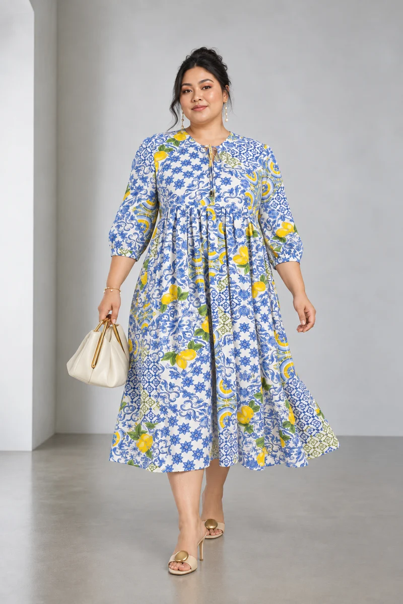 Oliven|Cotton Midi Dress With Tie Up