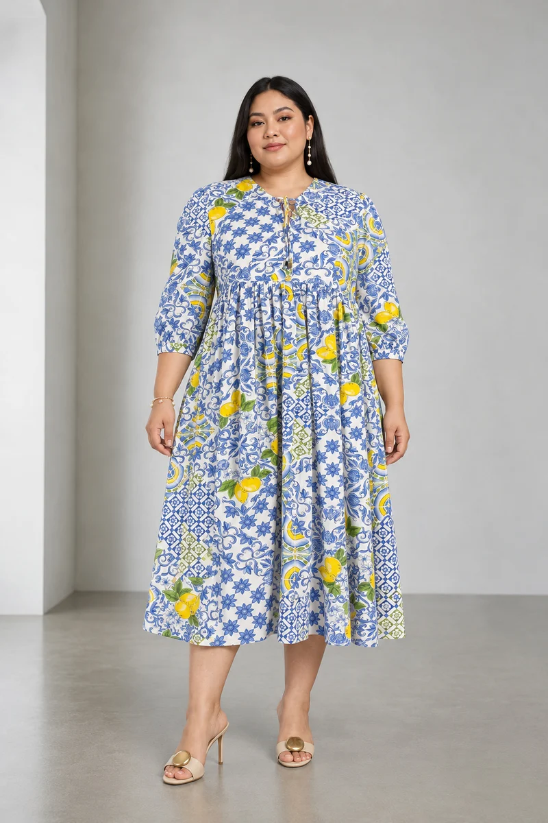 Oliven|Cotton Midi Dress With Tie Up