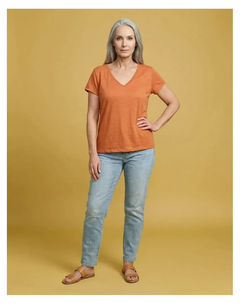 T-shirt en lin Col V orange mandarine