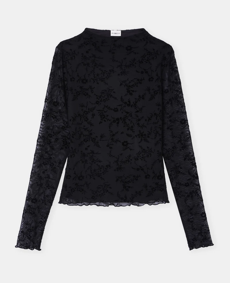 T-shirt manches longues en résille fleurs velours