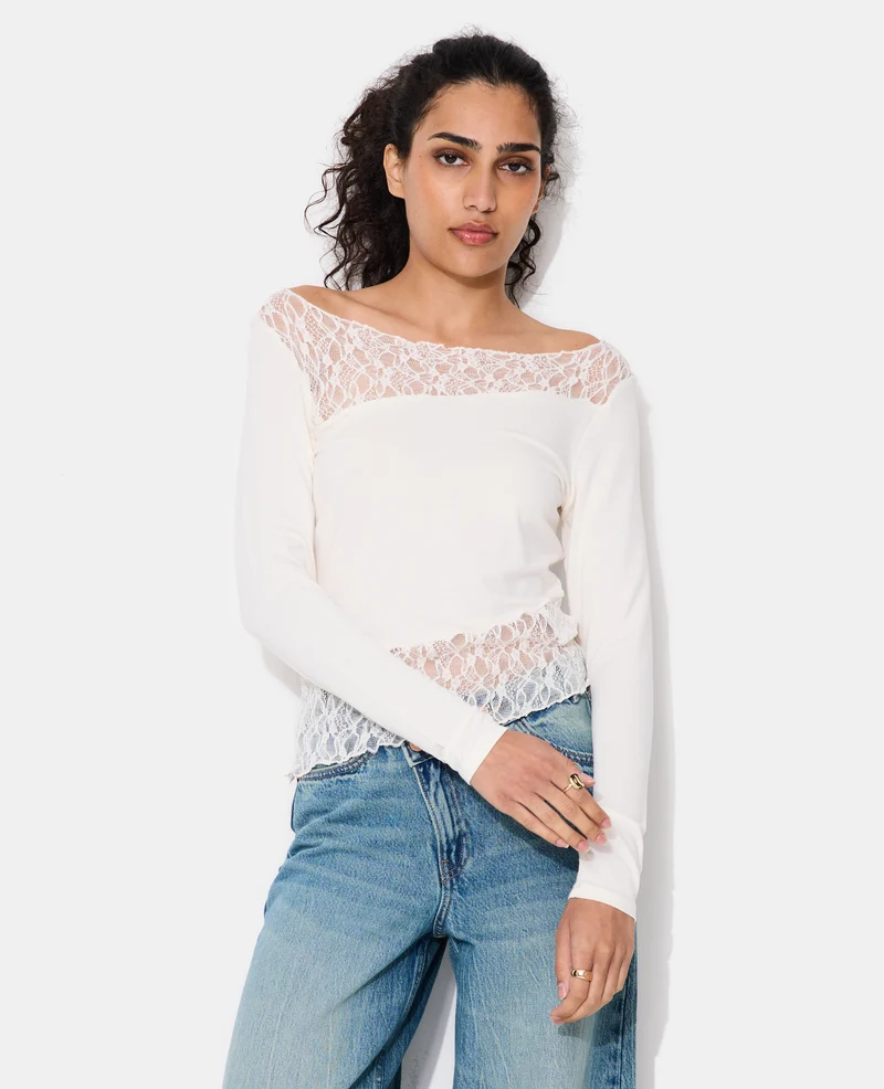 T-shirt asymétrique manches longues avec dentelle