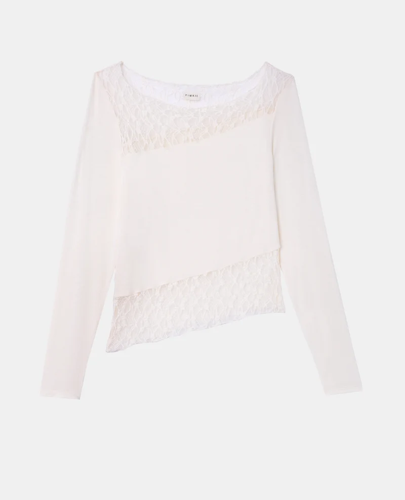T-shirt asymétrique manches longues avec dentelle