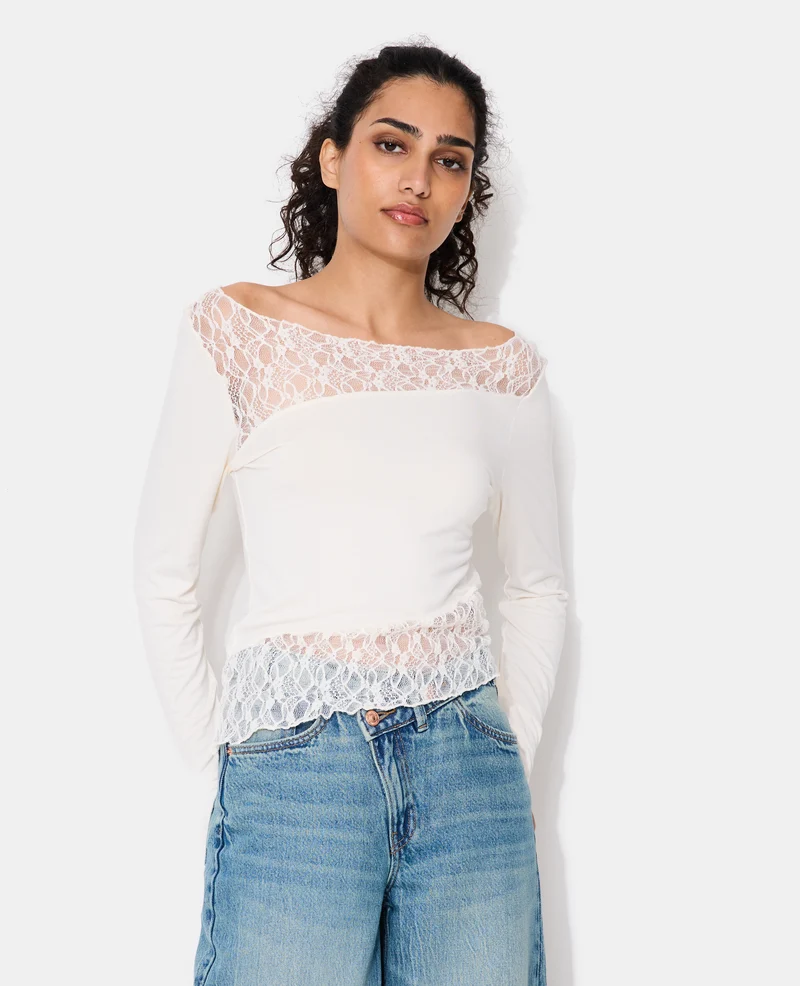 T-shirt asymétrique manches longues avec dentelle