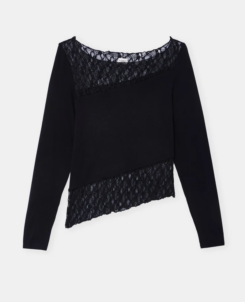 T-shirt asymétrique manches longues avec dentelle