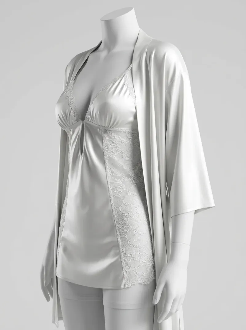 Chemise de nuit satinée ensemble nuisette peignoir dentelle raffiné