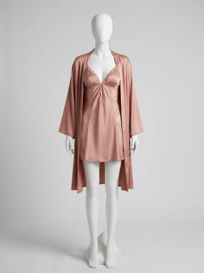 Chemise de nuit satinée ensemble nuisette peignoir dentelle raffiné