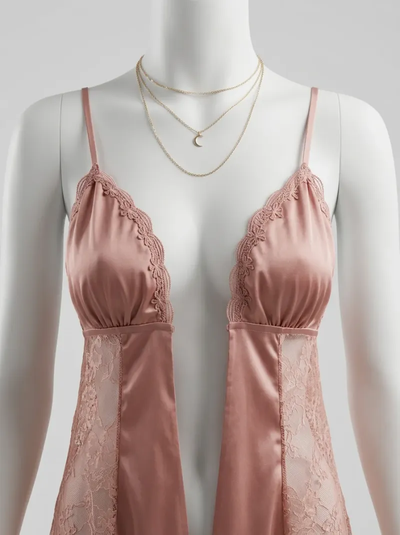 Chemise de nuit satinée ensemble nuisette peignoir dentelle raffiné