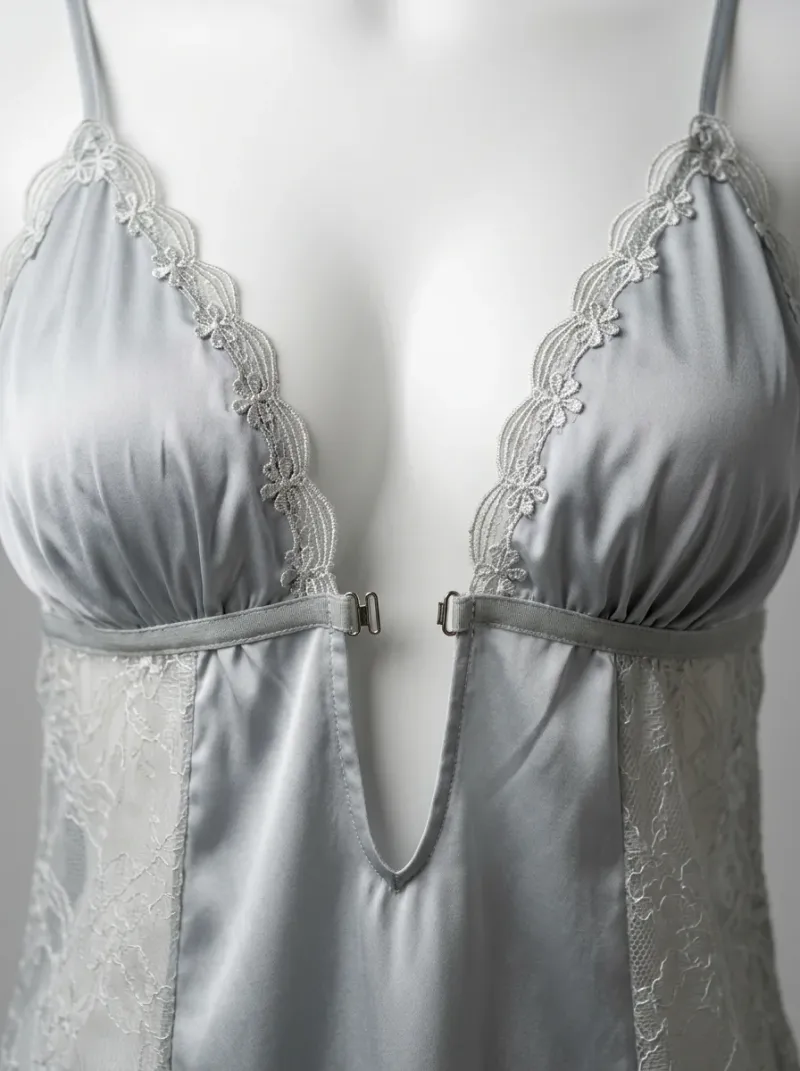 Chemise de nuit satinée ensemble nuisette peignoir dentelle raffiné