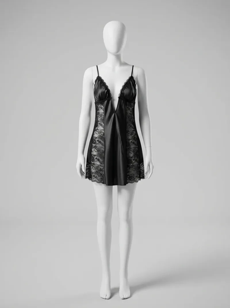 Chemise de nuit satinée ensemble nuisette peignoir dentelle raffiné