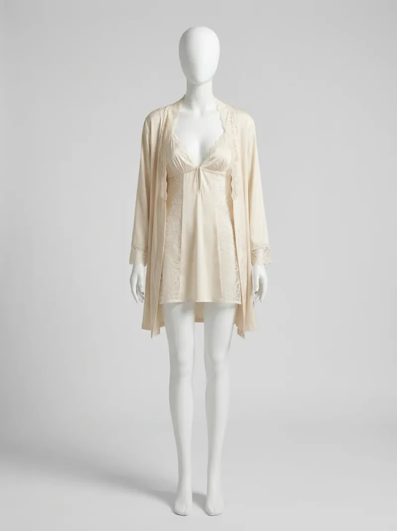 Chemise de nuit satinée ensemble nuisette peignoir dentelle raffiné