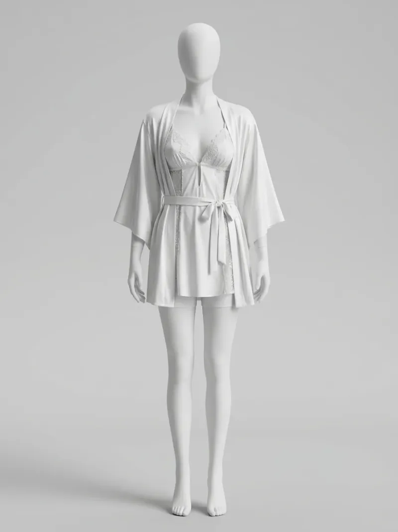 Chemise de nuit satinée ensemble nuisette peignoir dentelle raffiné