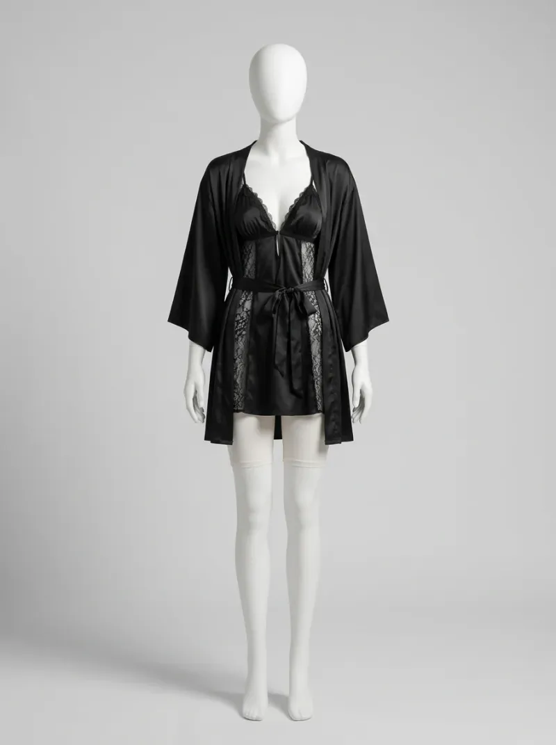 Chemise de nuit satinée ensemble nuisette peignoir dentelle raffiné