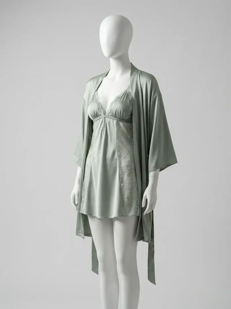 Chemise de nuit satinée ensemble nuisette peignoir dentelle raffiné