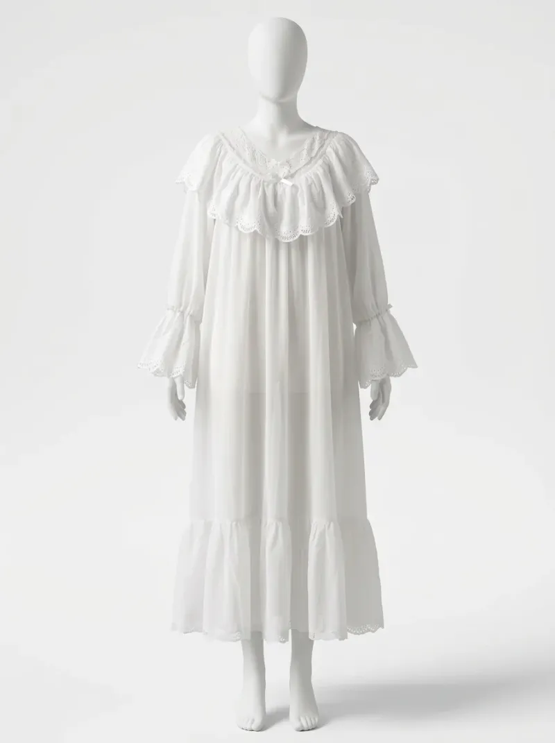 Chemise de nuit coton longue vintage femme volants