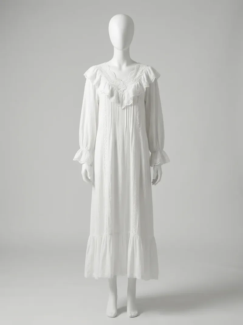 Chemise de nuit coton longue vintage femme volants