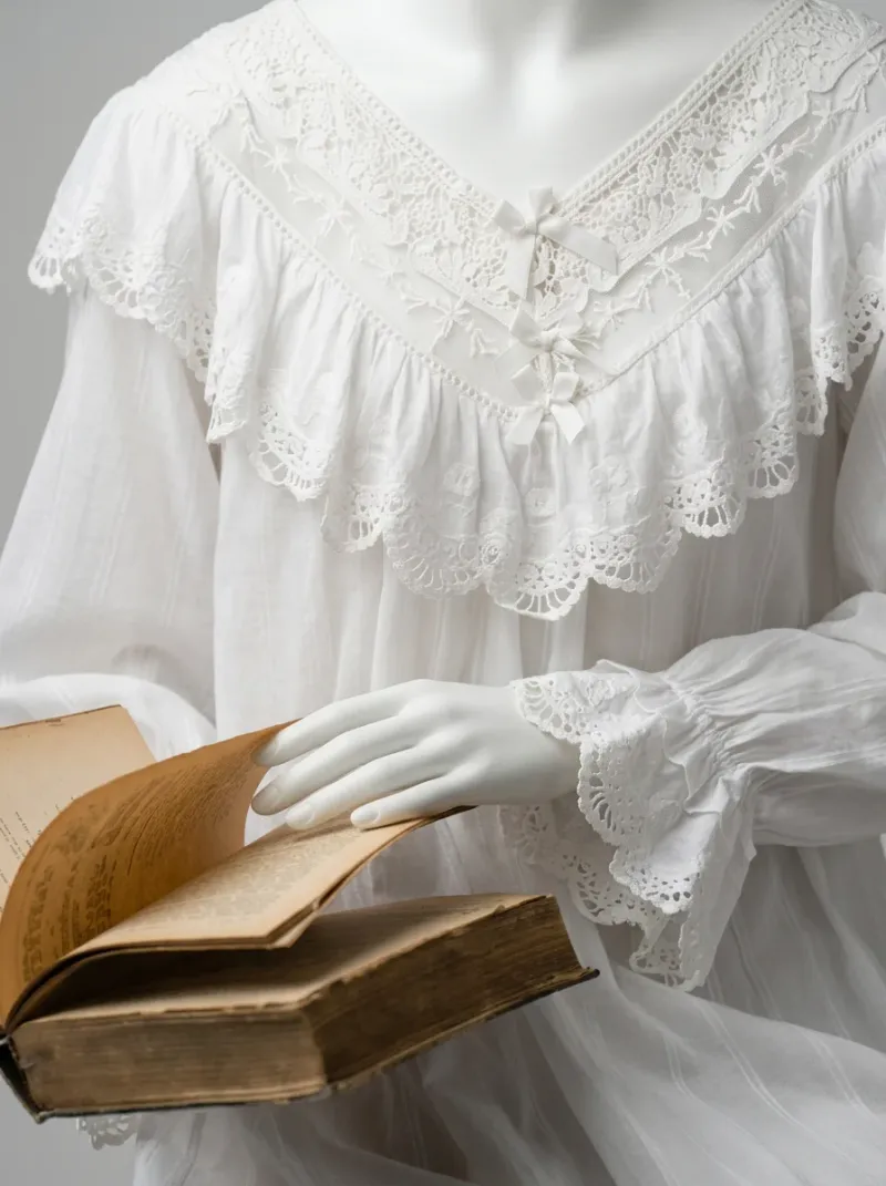 Chemise de nuit coton longue vintage femme volants