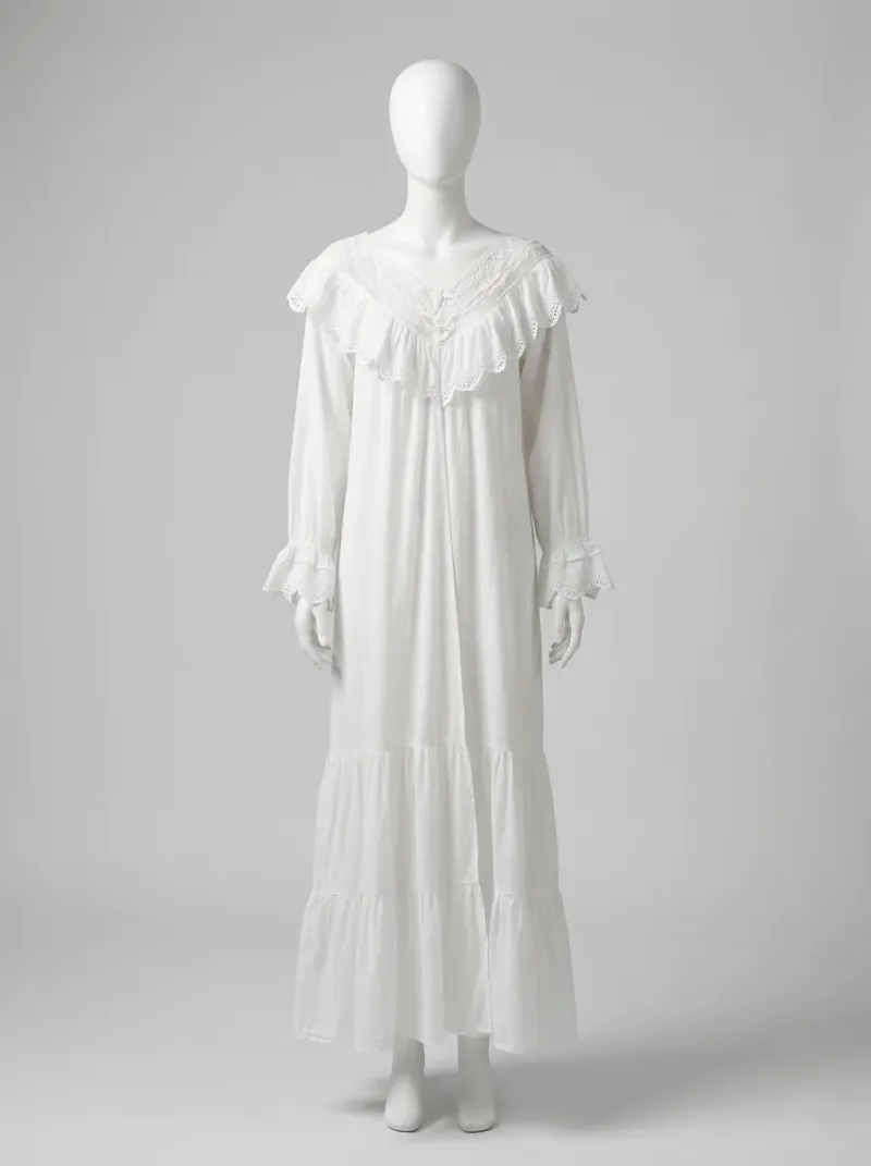 Chemise de nuit coton longue vintage femme volants