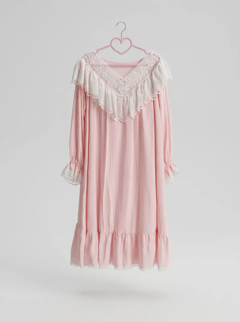 Chemise de nuit coton longue vintage femme volants