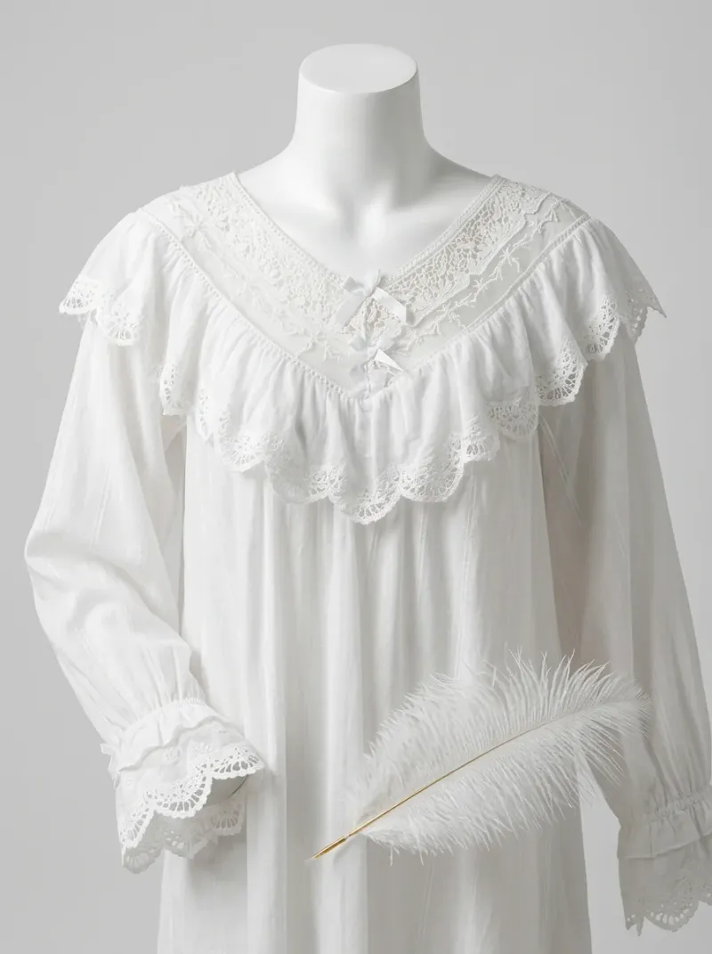 Chemise de nuit coton longue vintage femme volants