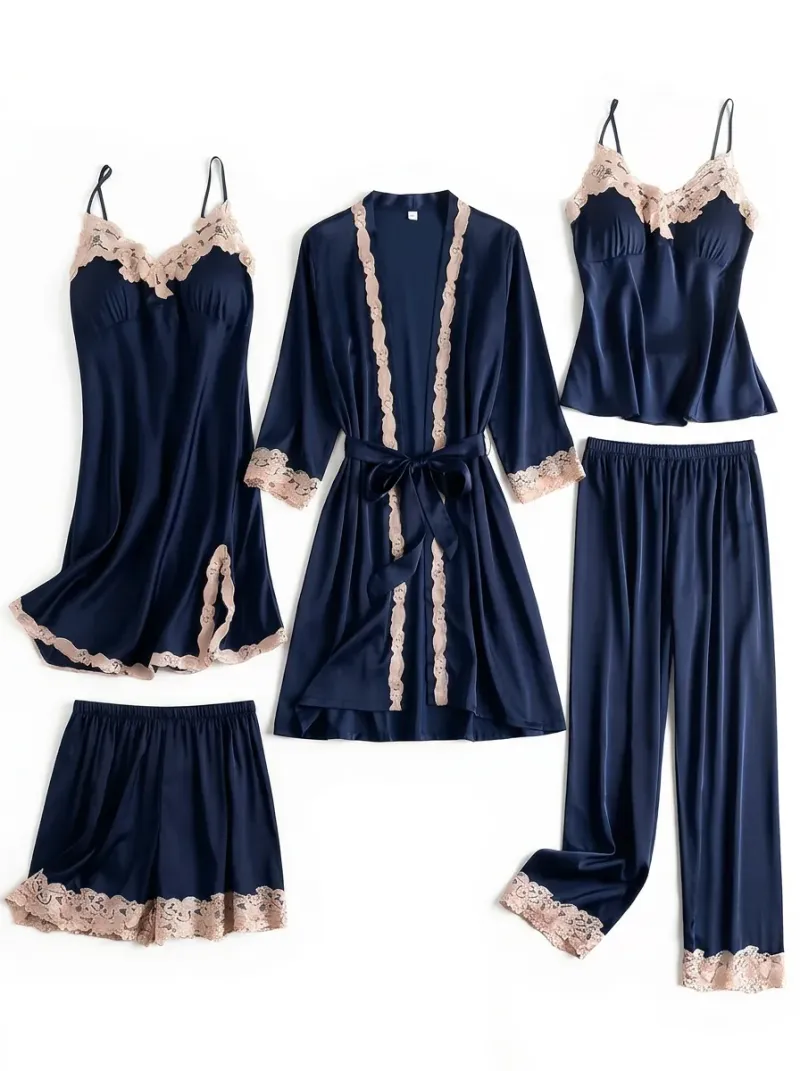 Chemise de nuit ensemble satin 5 pièces élégant femme