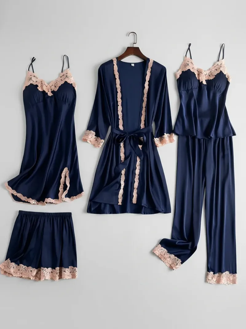 Chemise de nuit ensemble satin 5 pièces élégant femme
