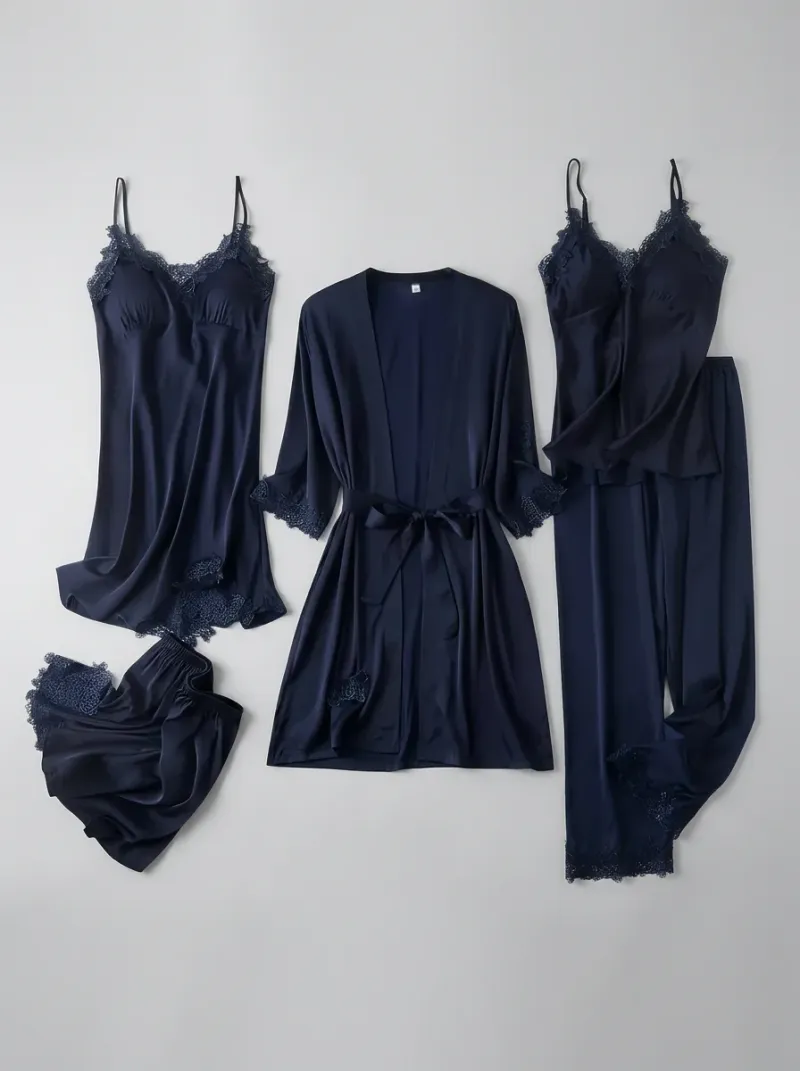 Chemise de nuit ensemble satin 5 pièces élégant femme
