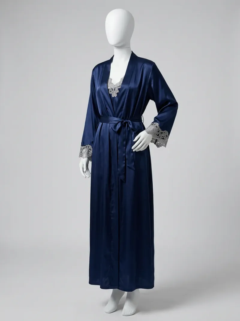 Chemise de nuit satin avec peignoir long femme chic