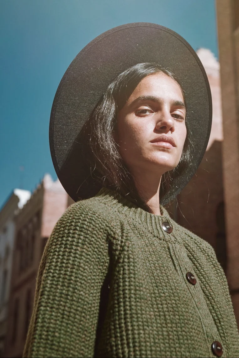 AGATHE Long Knit Jacket in Merino Wool - Olive Green