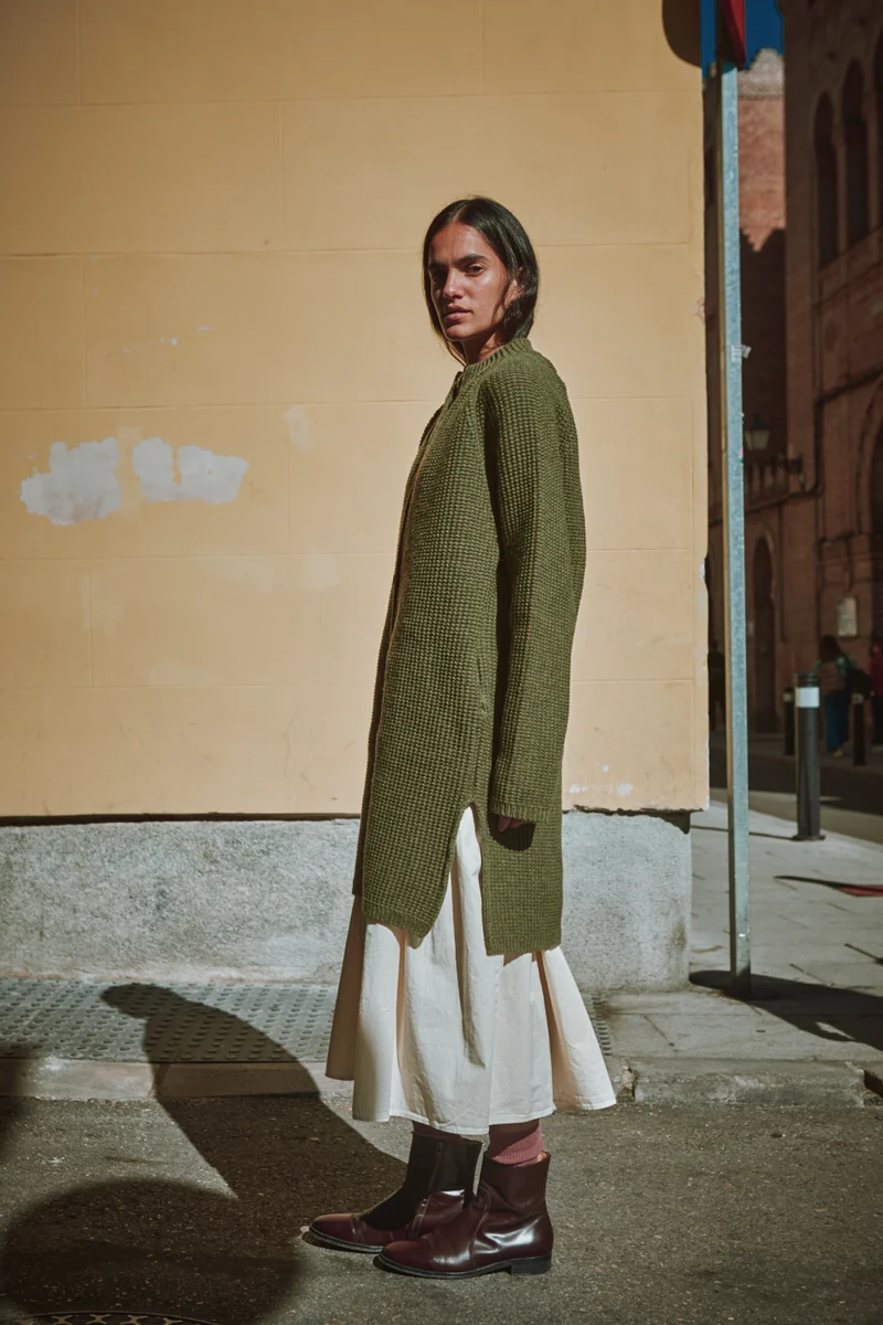 AGATHE Long Knit Jacket in Merino Wool - Olive Green