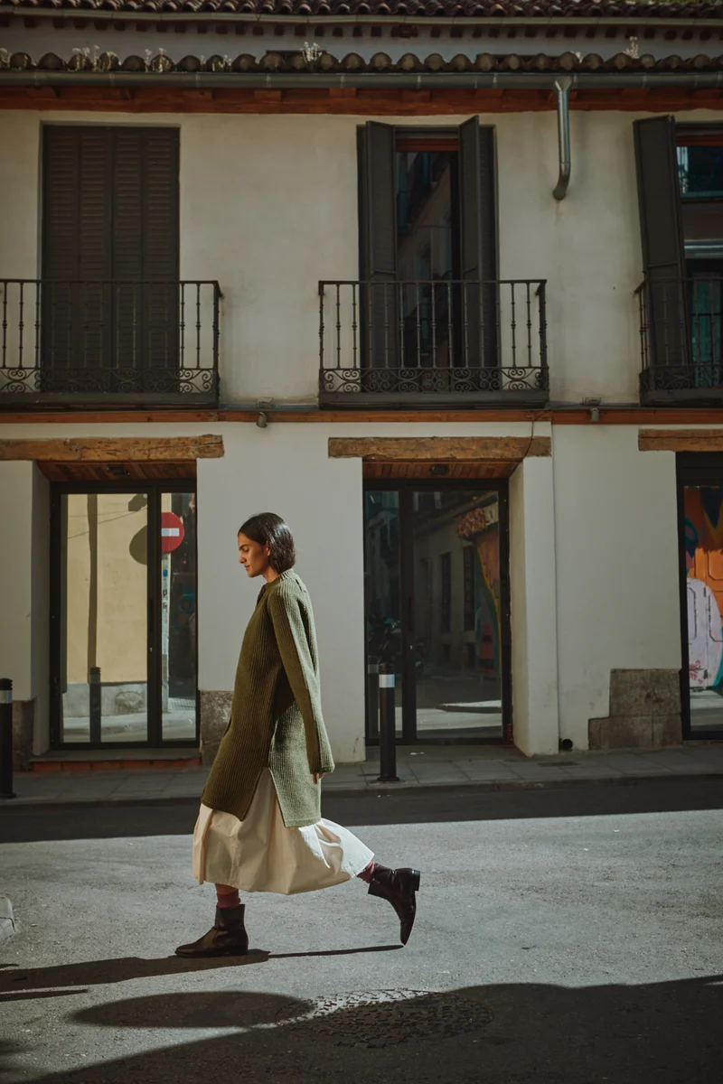AGATHE Long Knit Jacket in Merino Wool - Olive Green