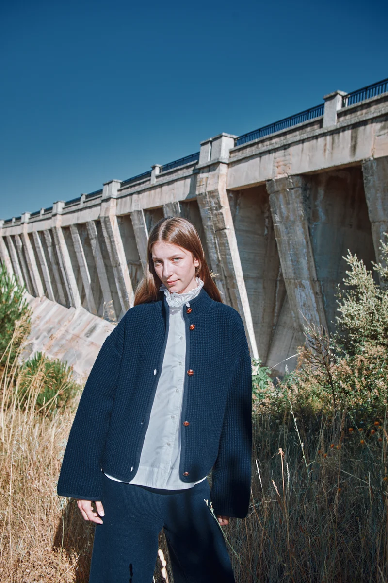 DELPHINE Bell-Sleeve Knit Jacket in Merino Wool - Navy