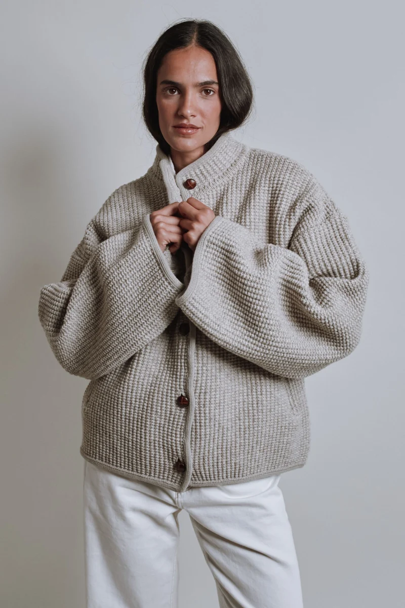 DELPHINE Bell-Sleeve Knit Jacket in Merino Wool - Beige