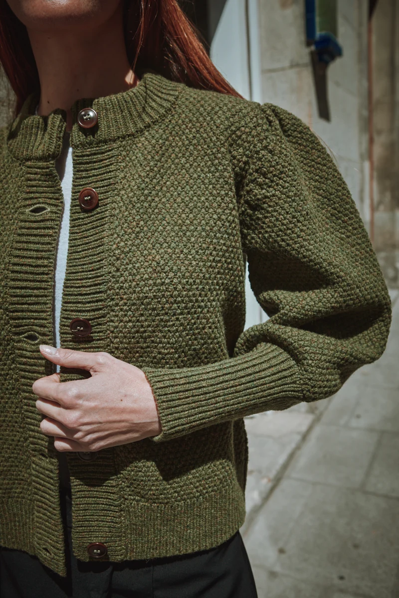 ANAIS Puff Sleeve Cardigan in Merino Wool - Olive Green