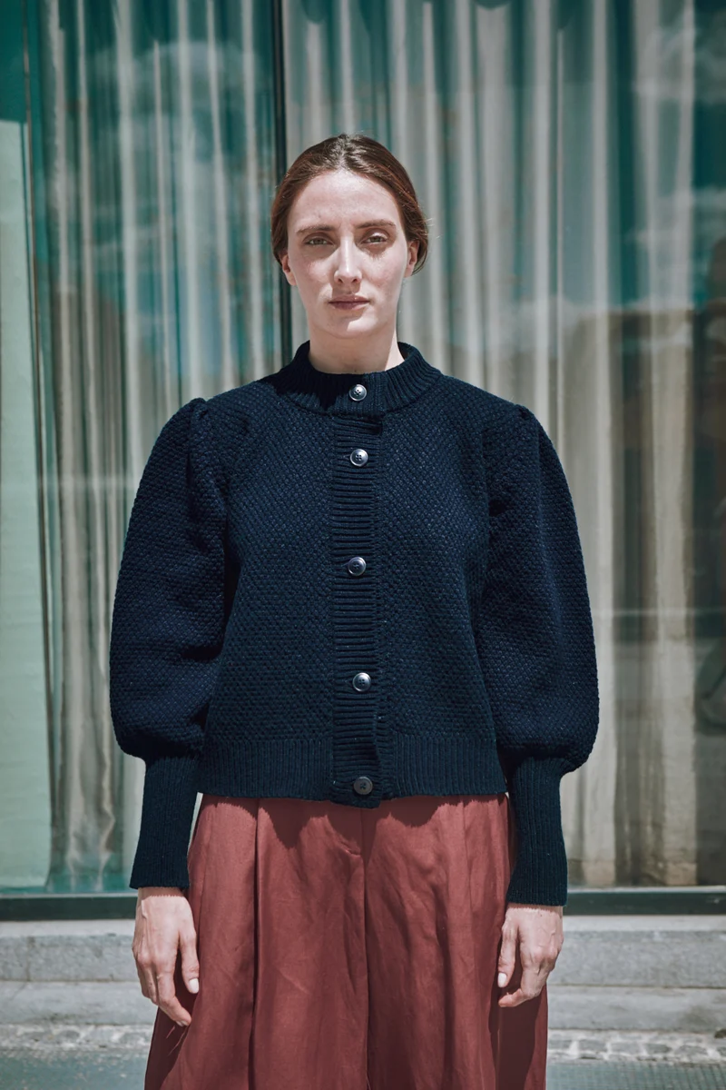 ANAIS Puff Sleeve Cardigan in Merino Wool - Navy
