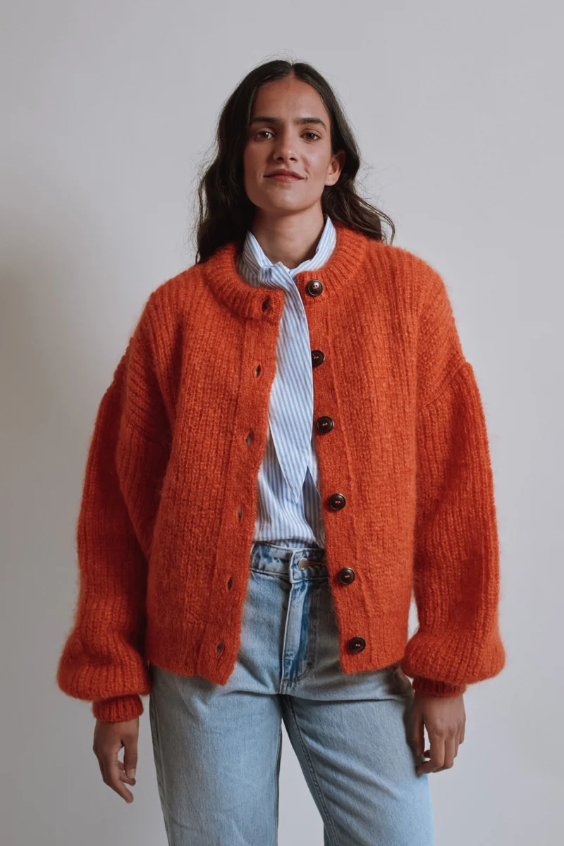DIANA Balloon-Sleeve Cardigan in Mohair Wool - Burnt Orange