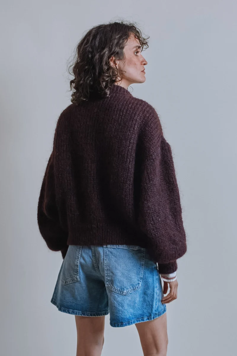 DIANA Balloon-Sleeve Cardigan in Mohair Wool - Plum