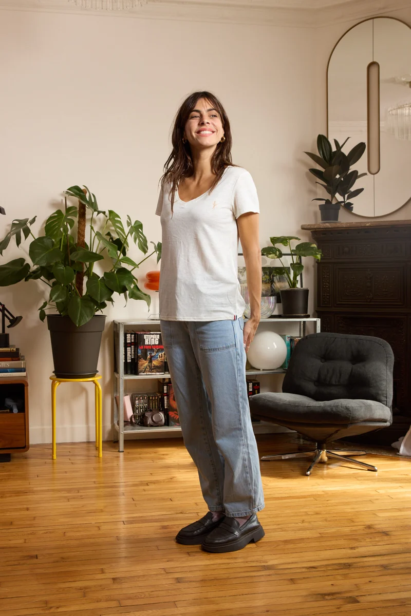 T shirt en lin femme - blanc - col V