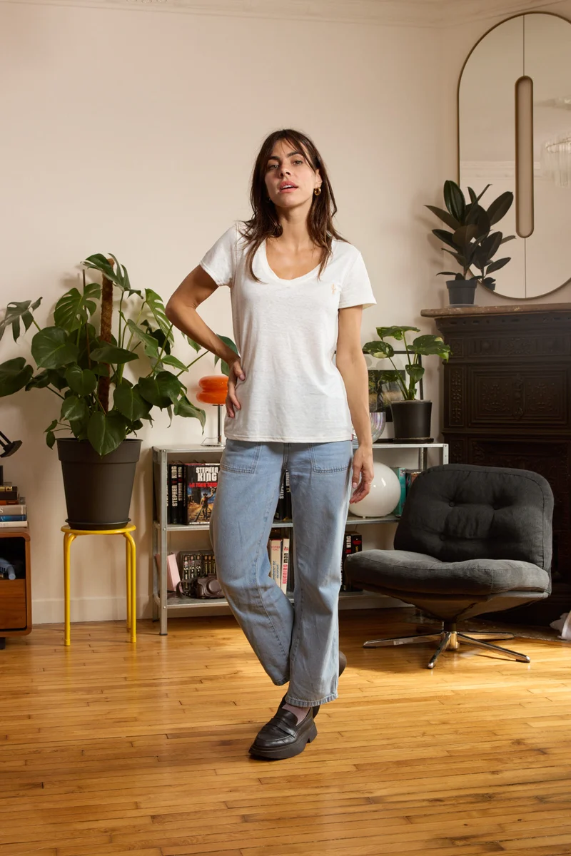T shirt en lin femme - blanc - col V