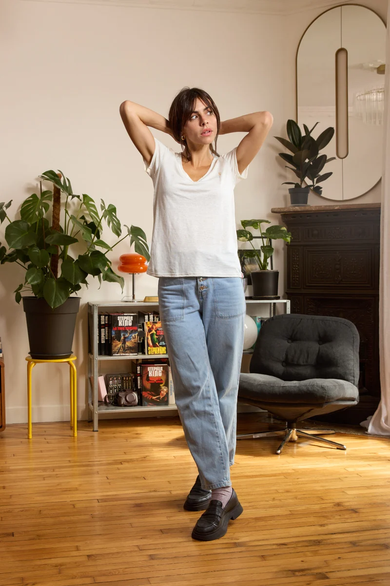 T shirt en lin femme - blanc - col V