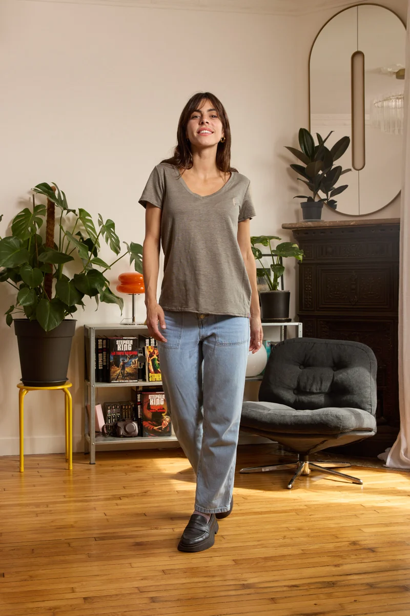 T shirt en lin femme - kaki - col V