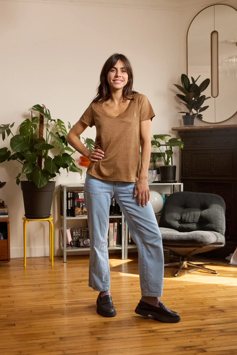 T shirt en lin femme - bronze - col V