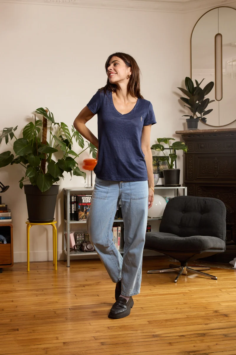 T shirt en lin femme - bleu - col v