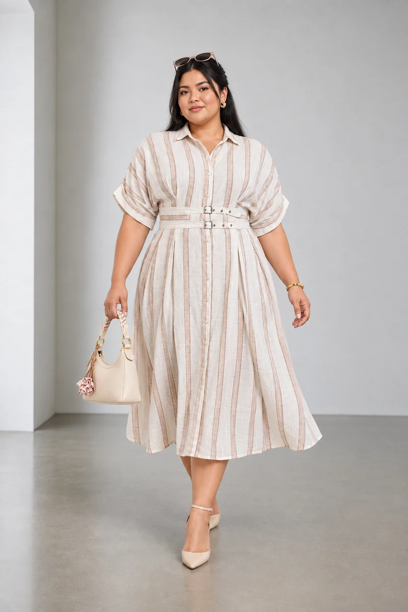 Odelle|Cotton Striped Belted Midi Dress