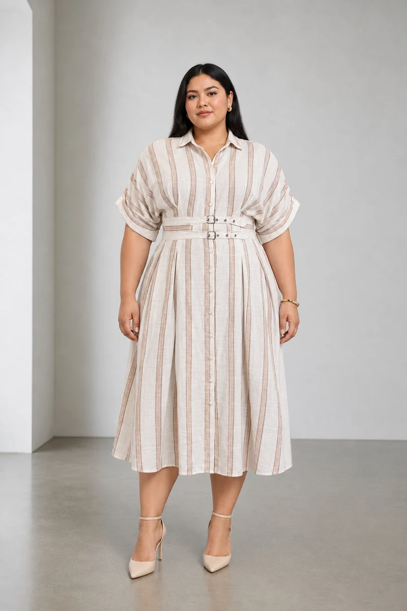 Odelle|Cotton Striped Belted Midi Dress